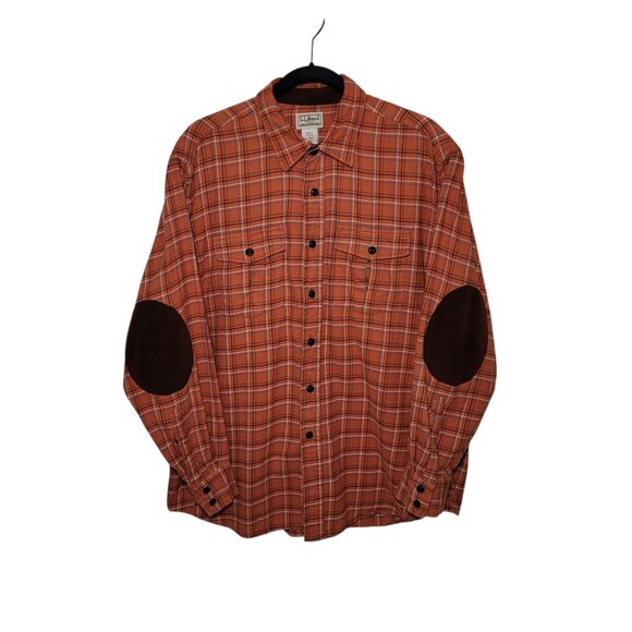 L.L. Bean Mens Plaid Flannel Shirt Orange Brown Elbow Patches Large Outdoorsman - Picture 9 of 9